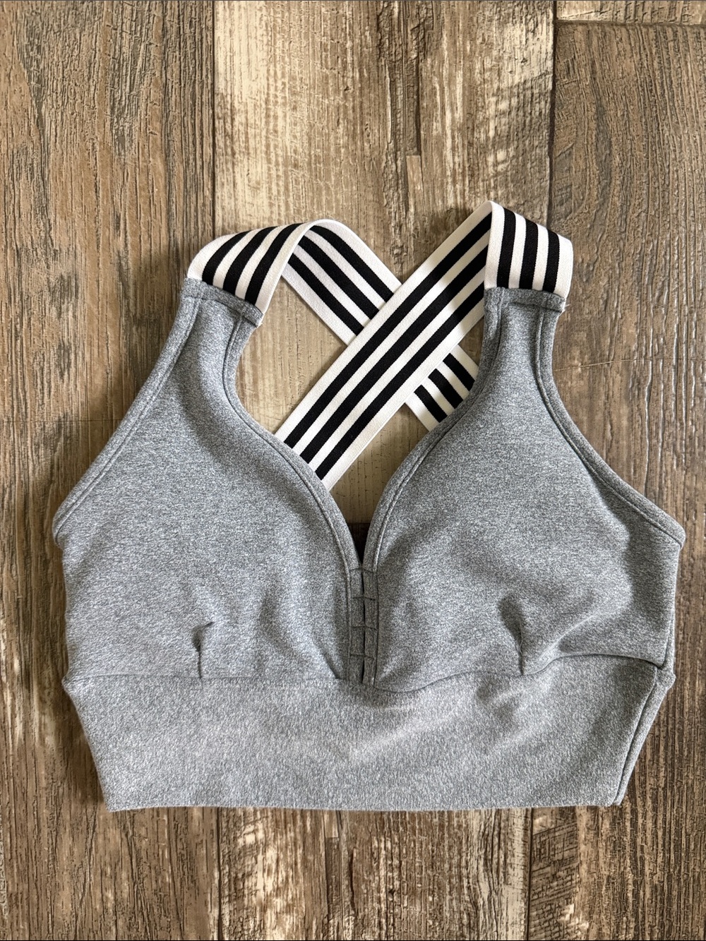 Grey Sports Bralette with Striped Crossback Straps